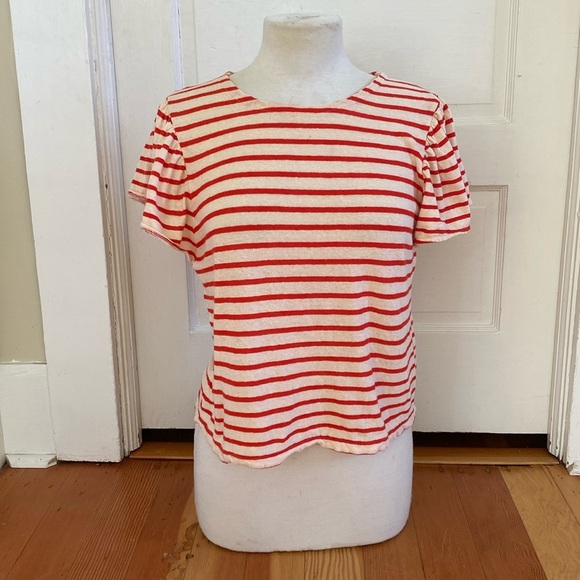 Madewell Ruffle Sleeve Cream Red Striped‎ Top Small - Picture 1 of 5